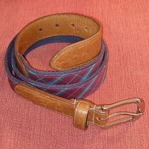 Donald Ross Navy Red Plaid men's Cotton Leather Belt 36